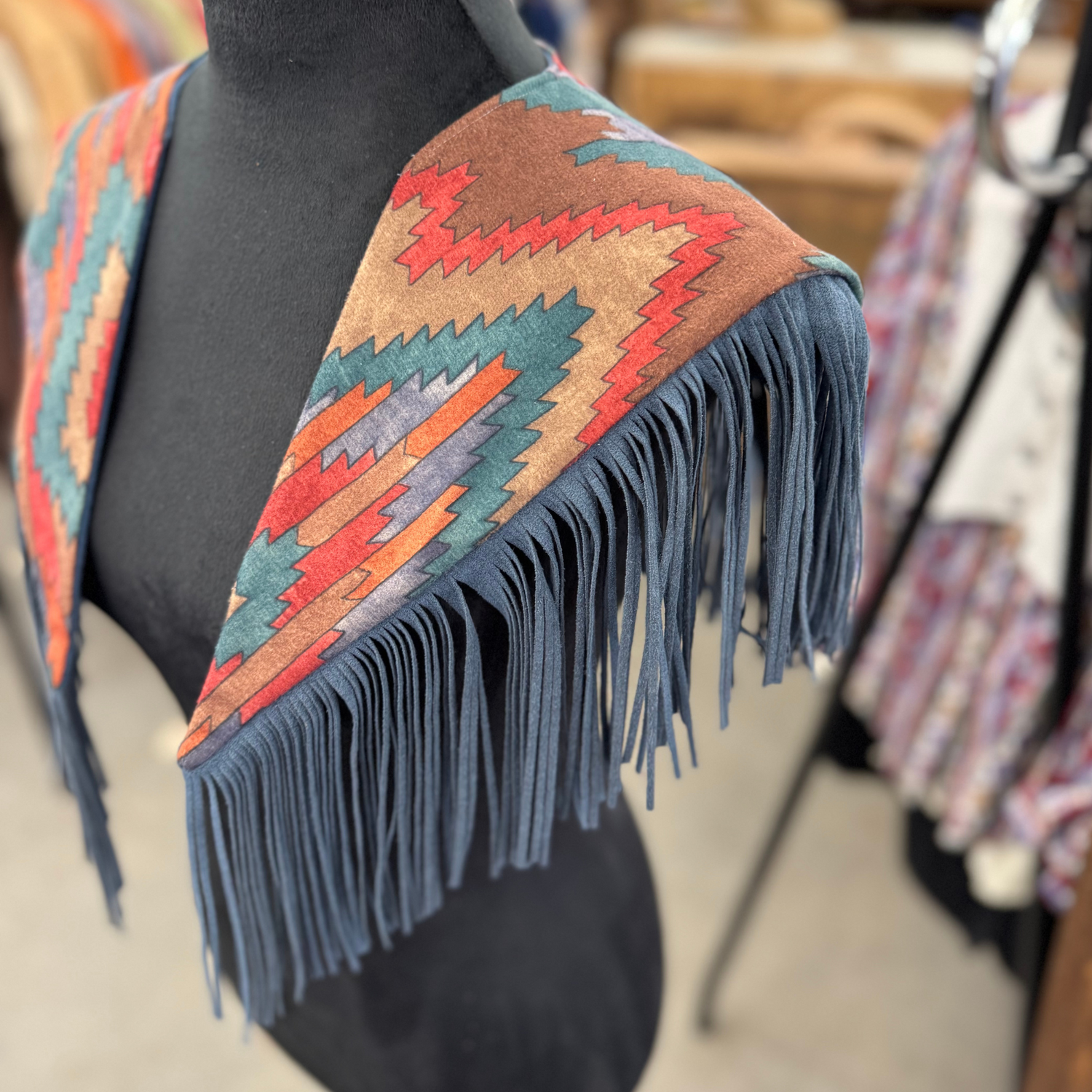Vintage Fabric & Suede Slate Blue Fringe Cape