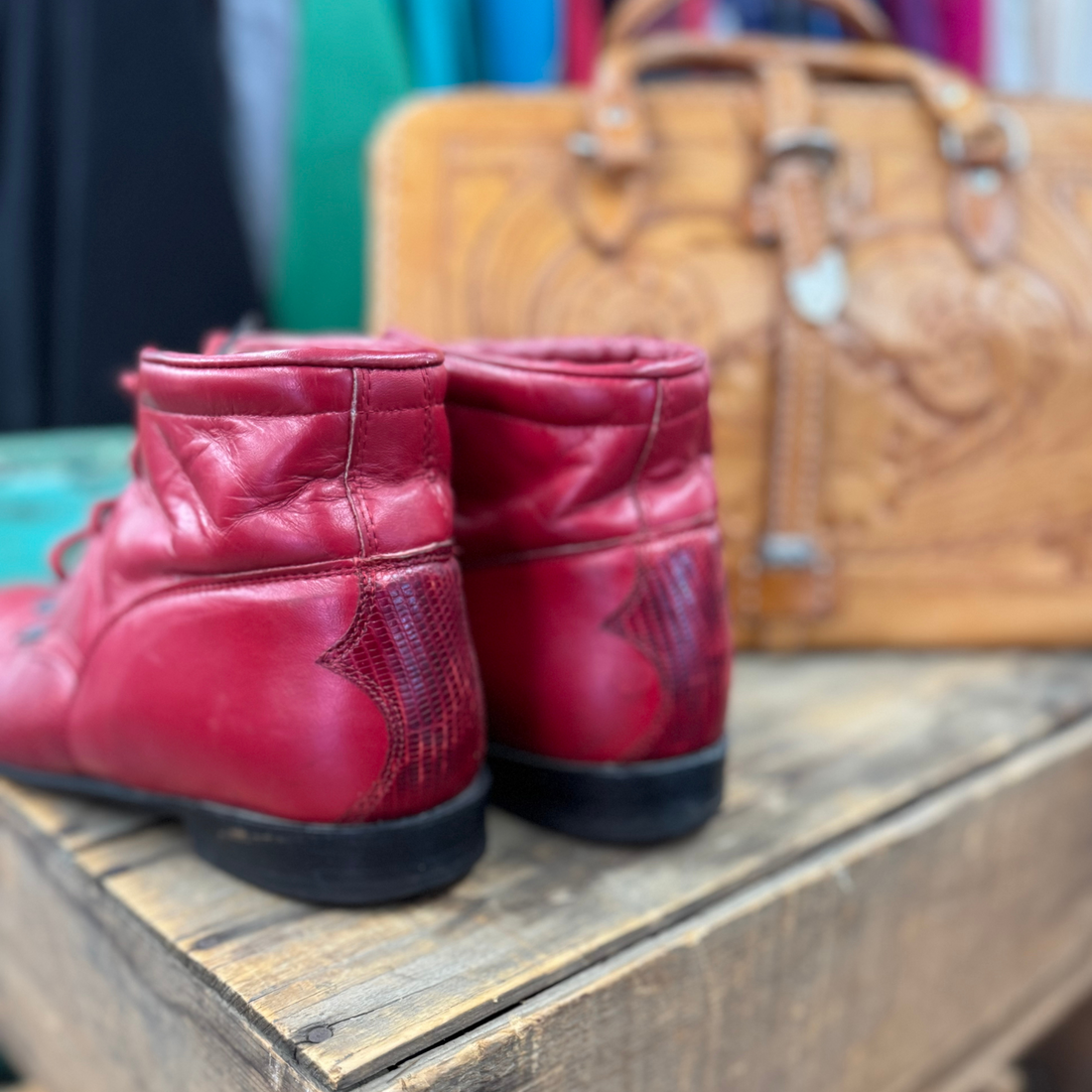 Vintage Red & Black Lizard Justin Lace Up Cowboy Boots