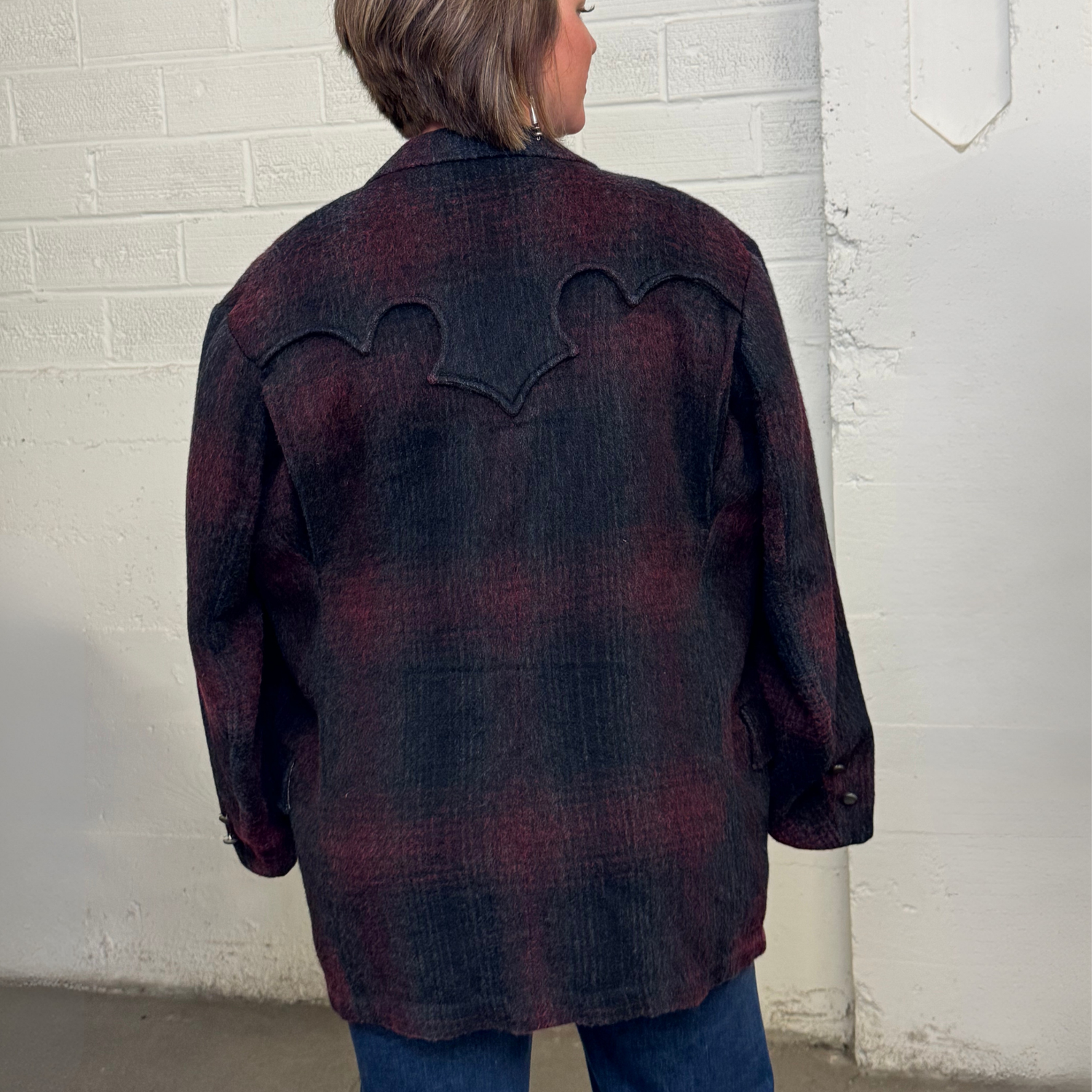 Vintage 70s Western Wool Blazer – Shadow Plaid Jacket with Yoke Details