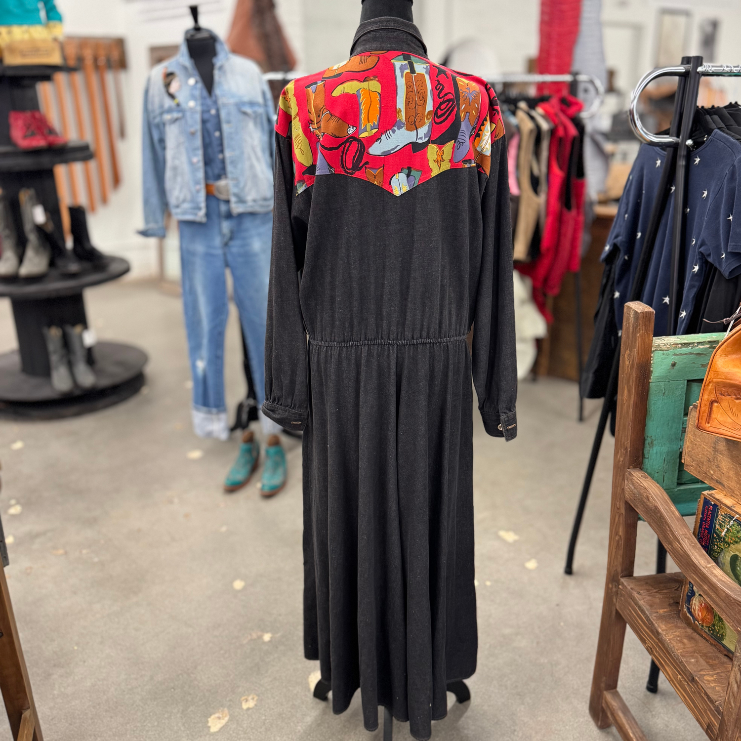 Vintage 80s Black Chambray & Boot Fabric Dress