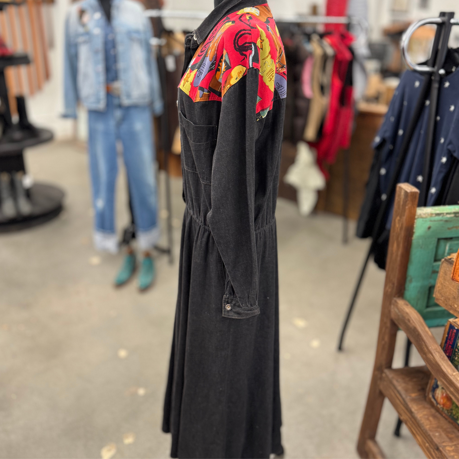 Vintage 80s Black Chambray & Boot Fabric Dress