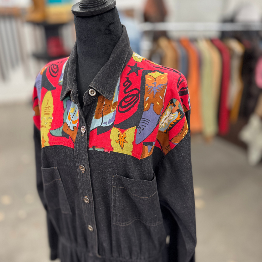Vintage 80s Black Chambray & Boot Fabric Dress