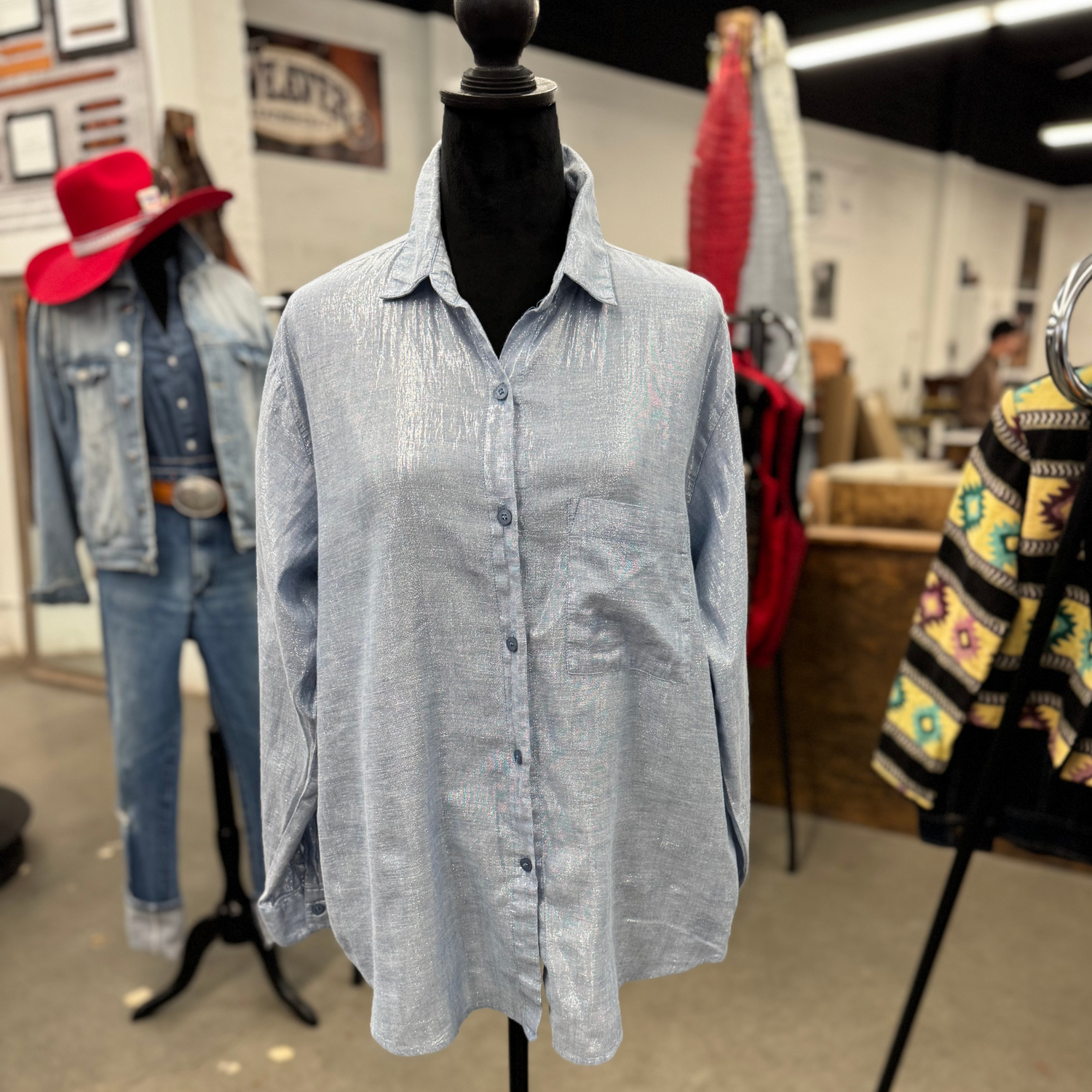 Vintage Light Blue Metallic Shimmer Western Shirt