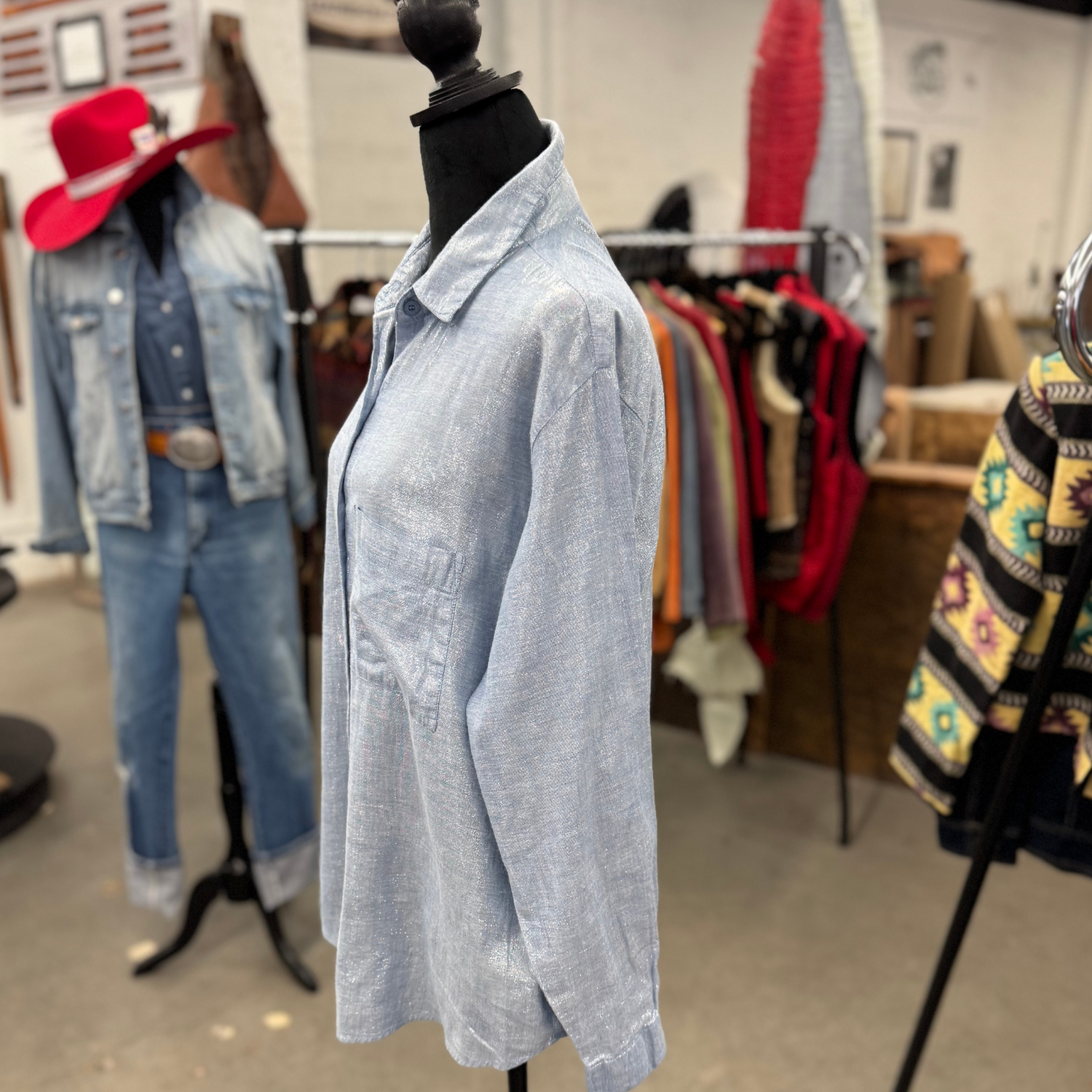 Vintage Light Blue Metallic Shimmer Western Shirt