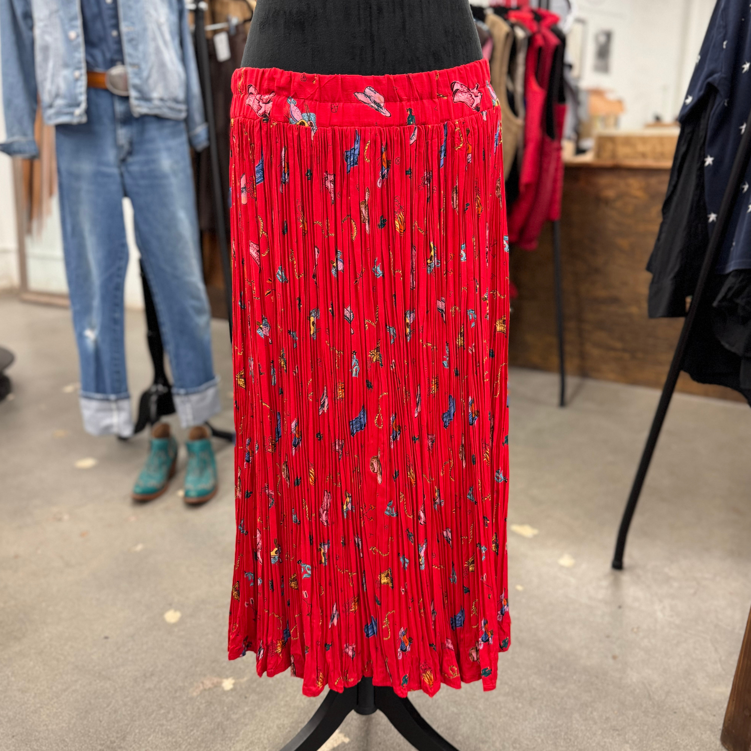 Vintage Cowboy Print Pleated Skirt