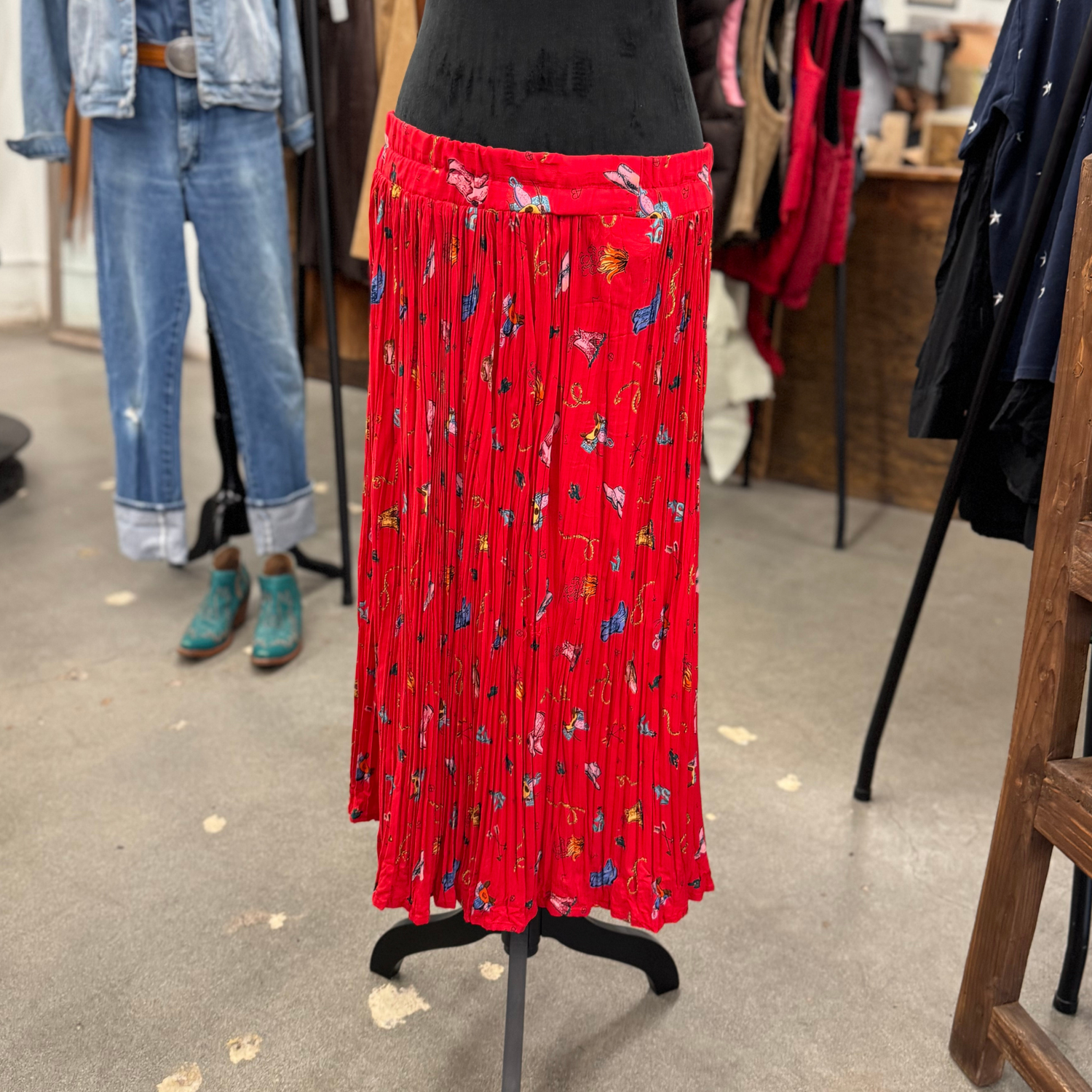 Vintage Cowboy Print Pleated Skirt