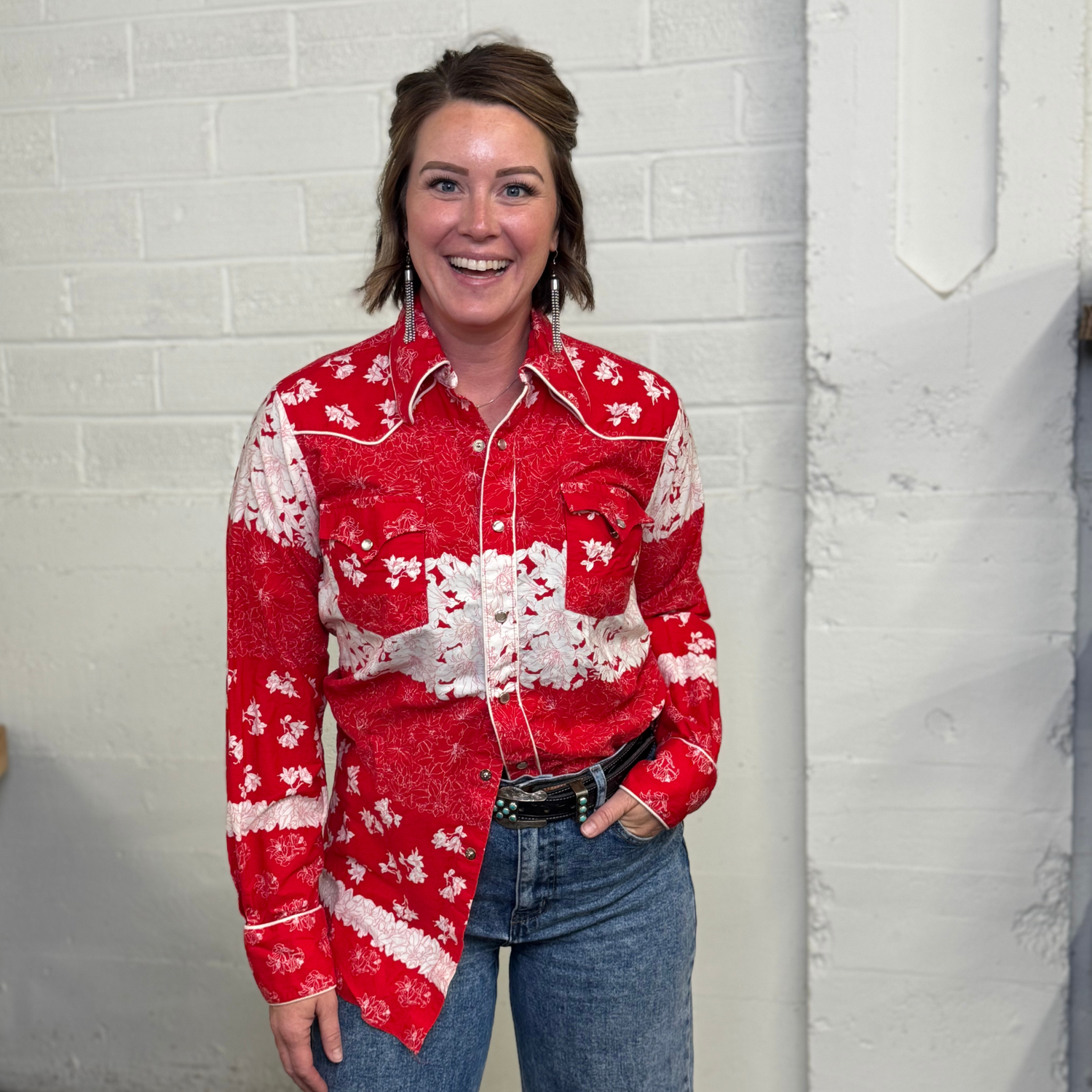 Vintage H Bar C Ranchwear Red Floral Long Tail Western Shirt – Made in USA