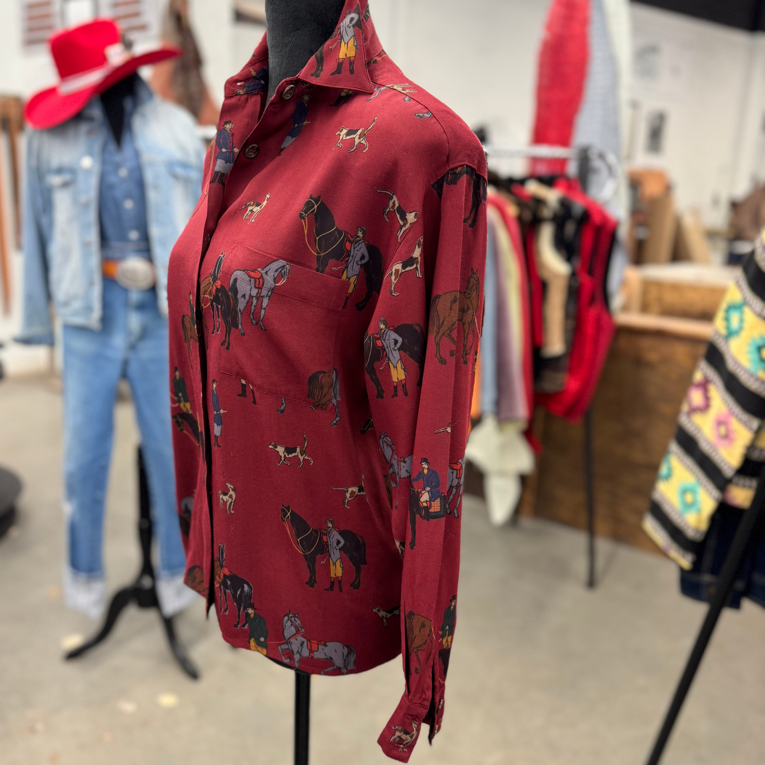 Vintage J.G. Hook Maroon Equestrian Print Shirt
