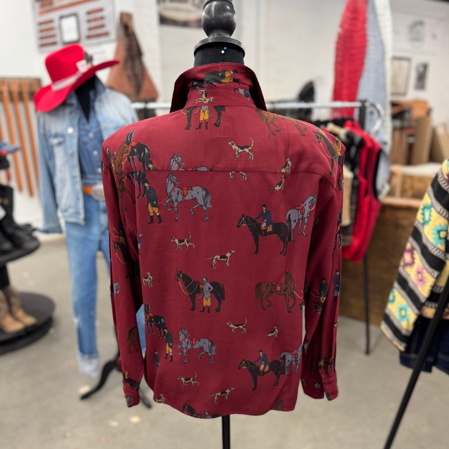 Vintage J.G. Hook Maroon Equestrian Print Shirt