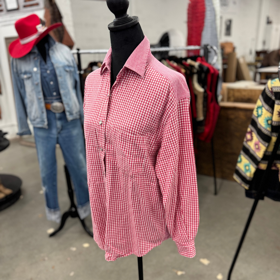 Vintage Denim Republic Red Gingham Pearl Snap Button Shirt