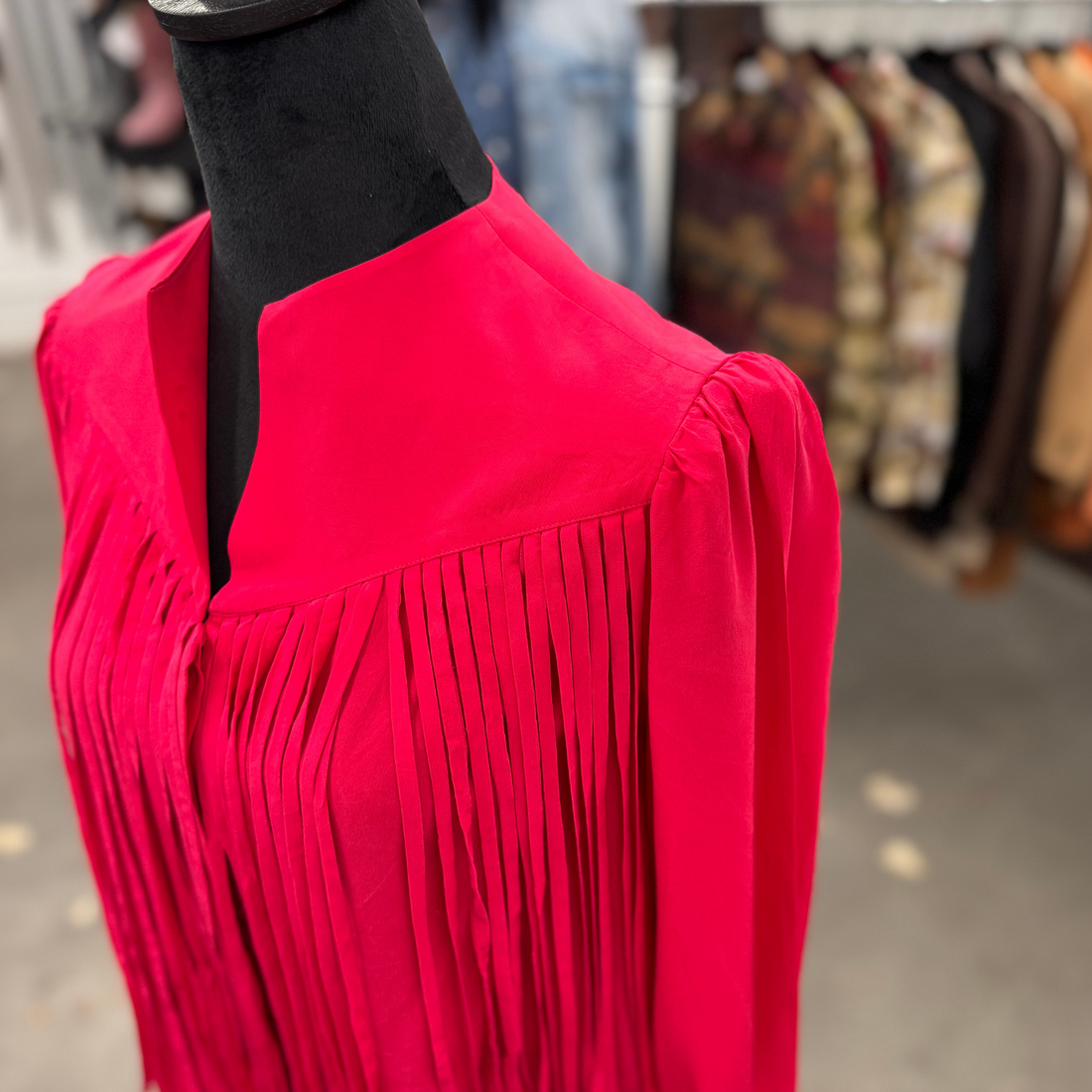 Vintage 1980s Red Silk Western Fringe Blouse by Anne Crimmins – Size 10