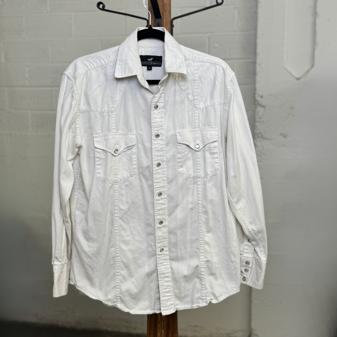 Vintage 1990s 100% Cotton Western Express White Snap Western Shirt – Size Small