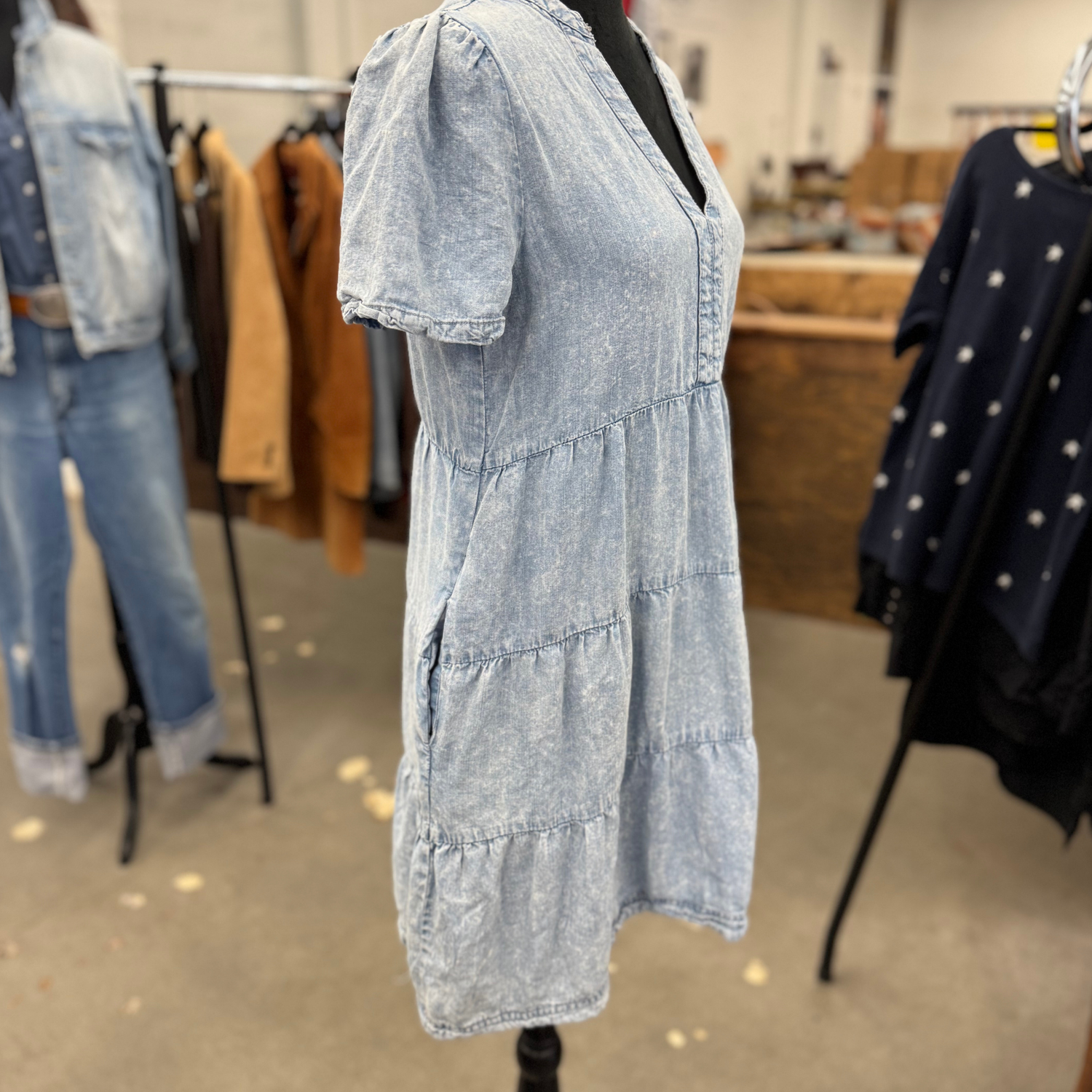 Chambray Tiered Baby Doll Dress