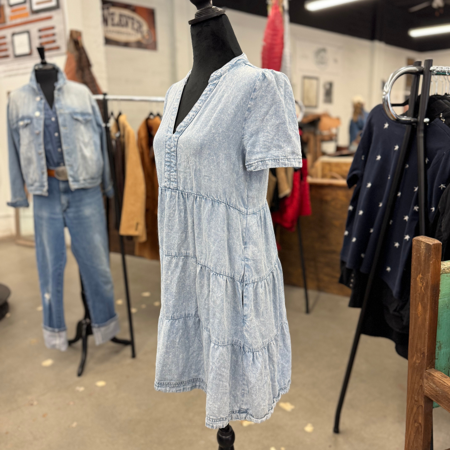 Chambray Tiered Baby Doll Dress