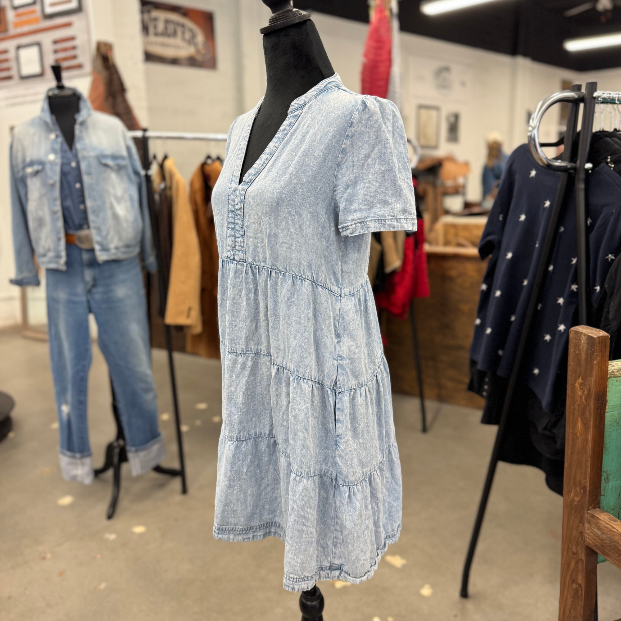 Chambray Tiered Baby Doll Dress
