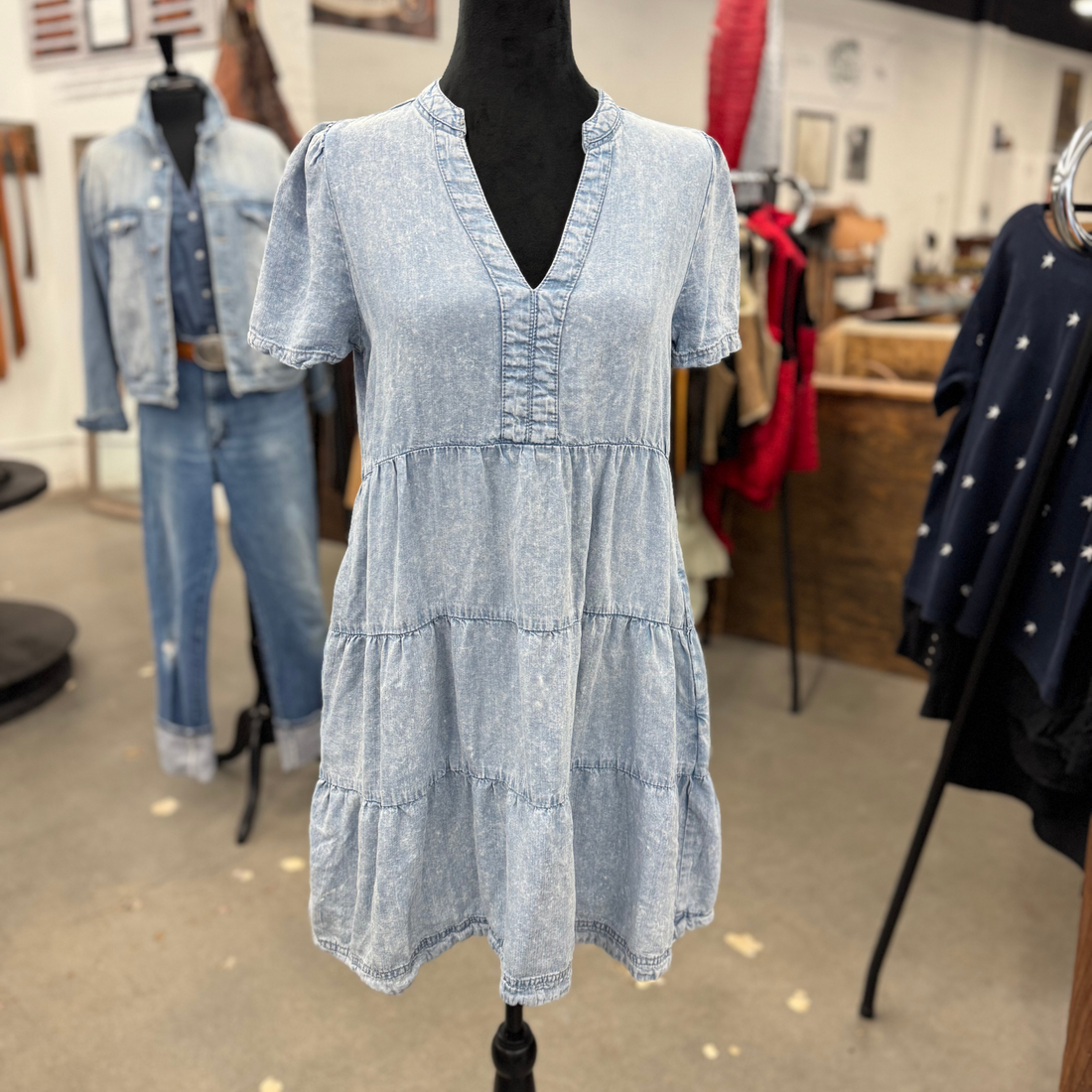 Chambray Tiered Baby Doll Dress