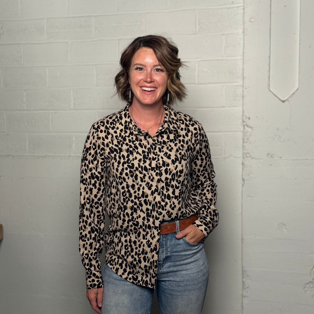 Halogen Leopard Print Button Down Shirt – Soft Stretch Blouse