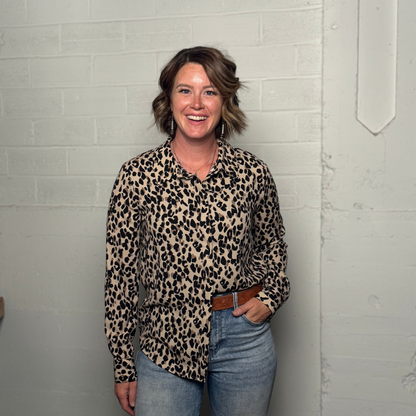 Halogen Leopard Print Button Down Shirt – Soft Stretch Blouse