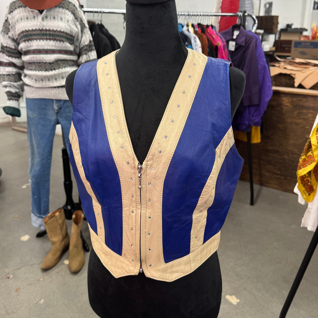 Leather & Rhinestone Blue Crop Vest