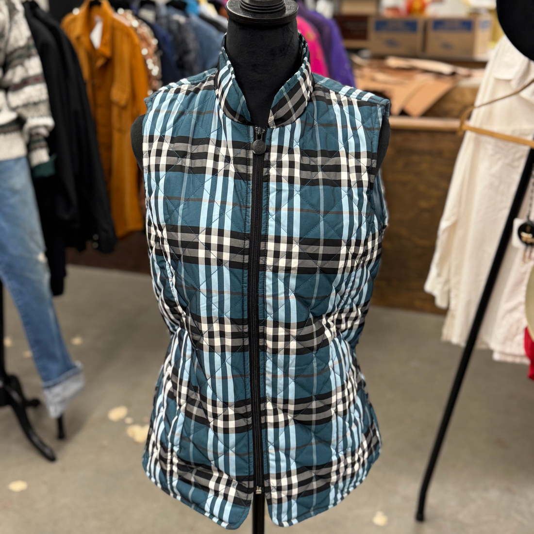 Outback Trading Co Plaid Blues/Black/White Quilted Vest