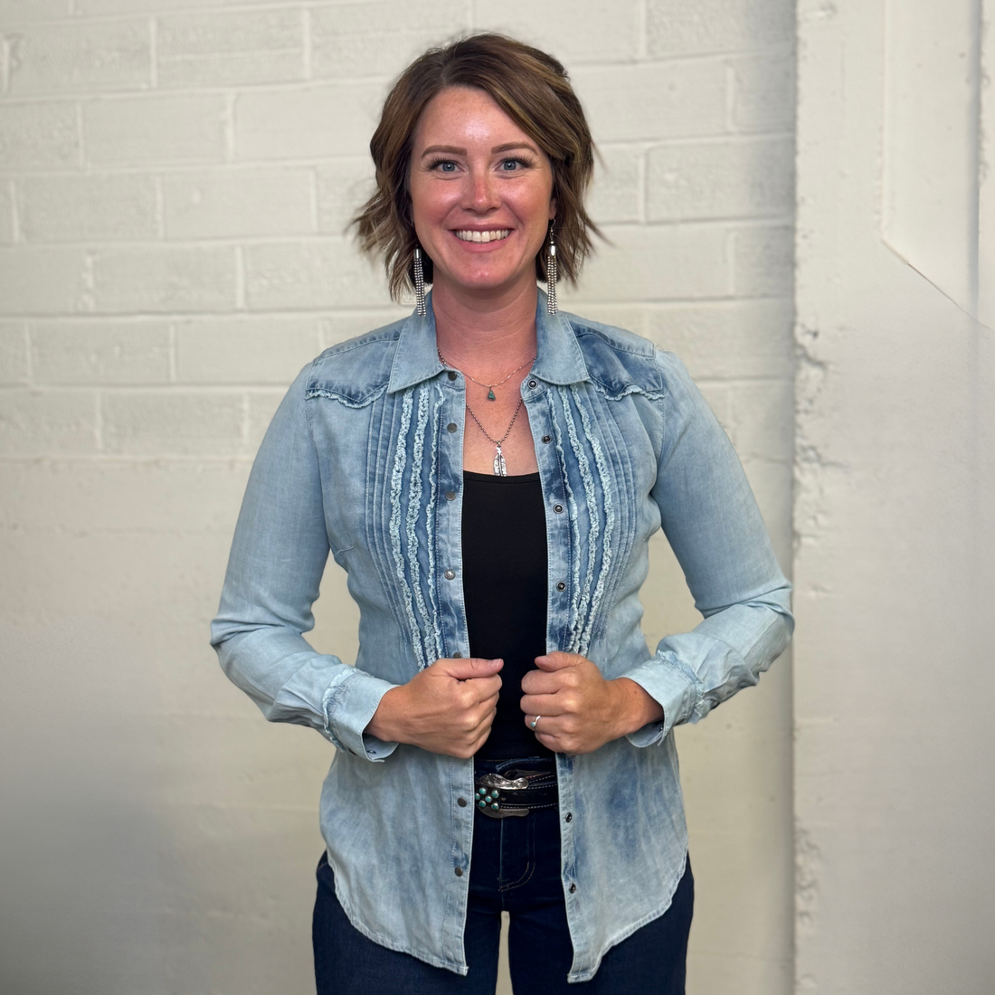 Ryan Michael Light Wash Western Shirt with Ruffle Detailing