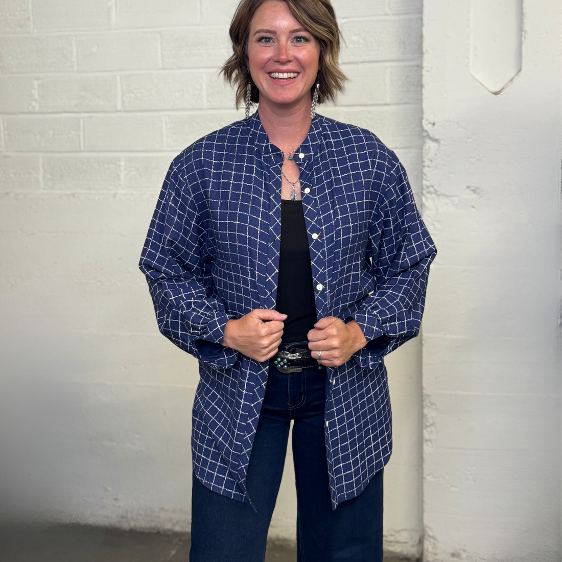 Vintage 1970s Brownstone Studio Navy Grid Blouse – Made in USA