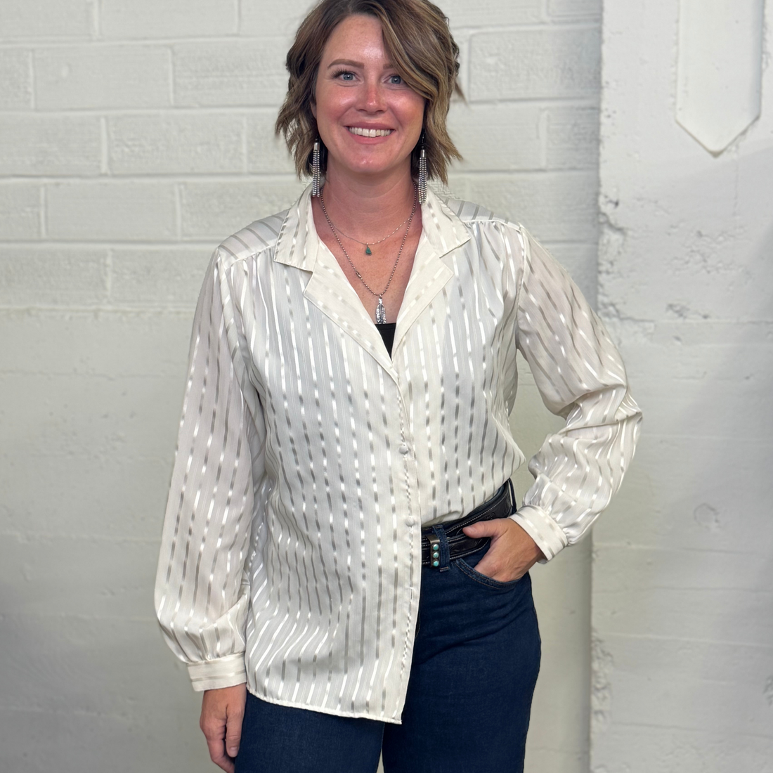 Vintage 1970s Sears "The Fashion Place" Cream Satin Stripe Blouse – Size M