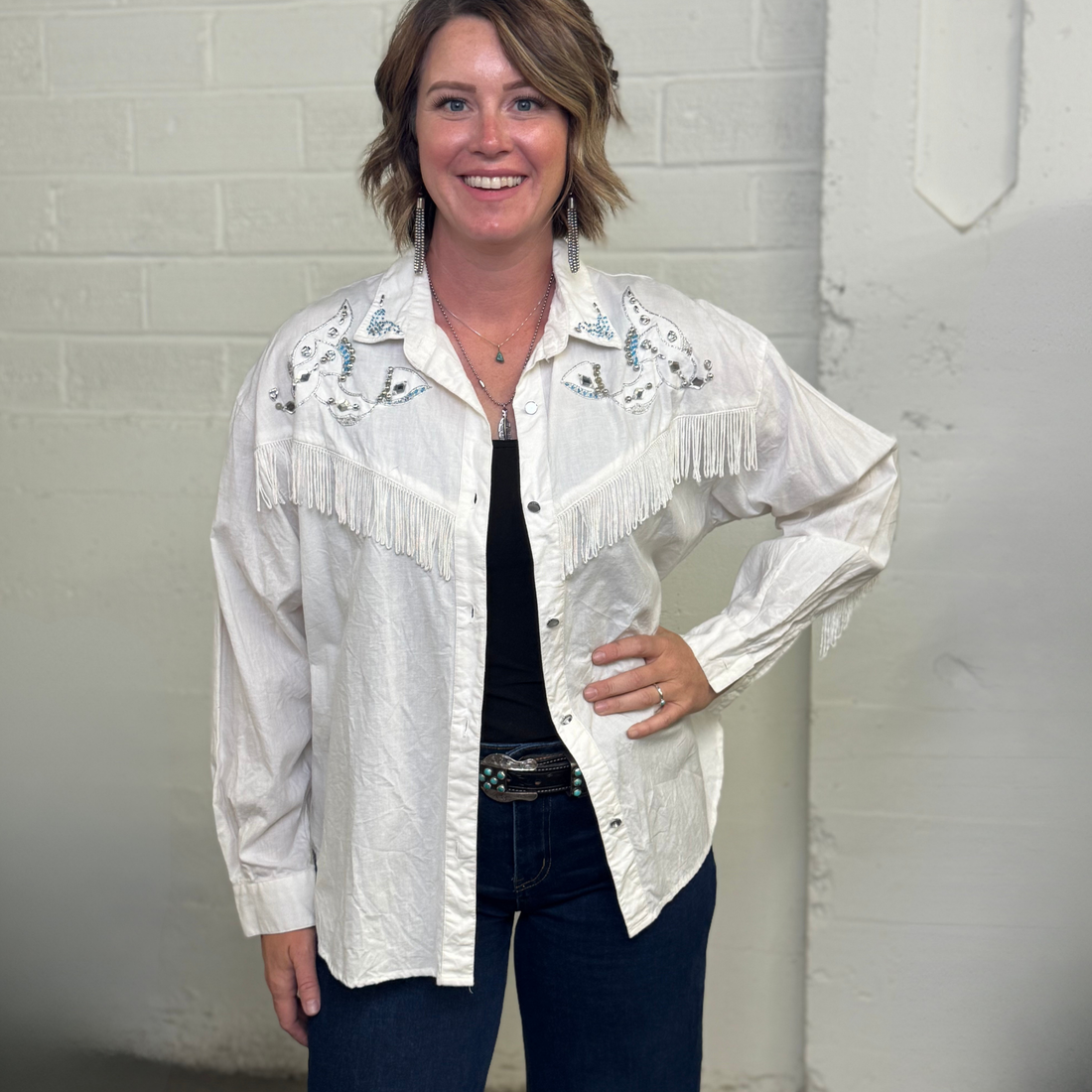 Vintage 1980s At Last White Western Fringe Shirt with Rhinestone Embellishments – 100% Cotton, Women&