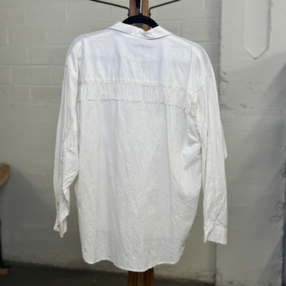 Vintage 1980s At Last White Western Fringe Shirt with Rhinestone Embellishments –  100% Cotton, Women&