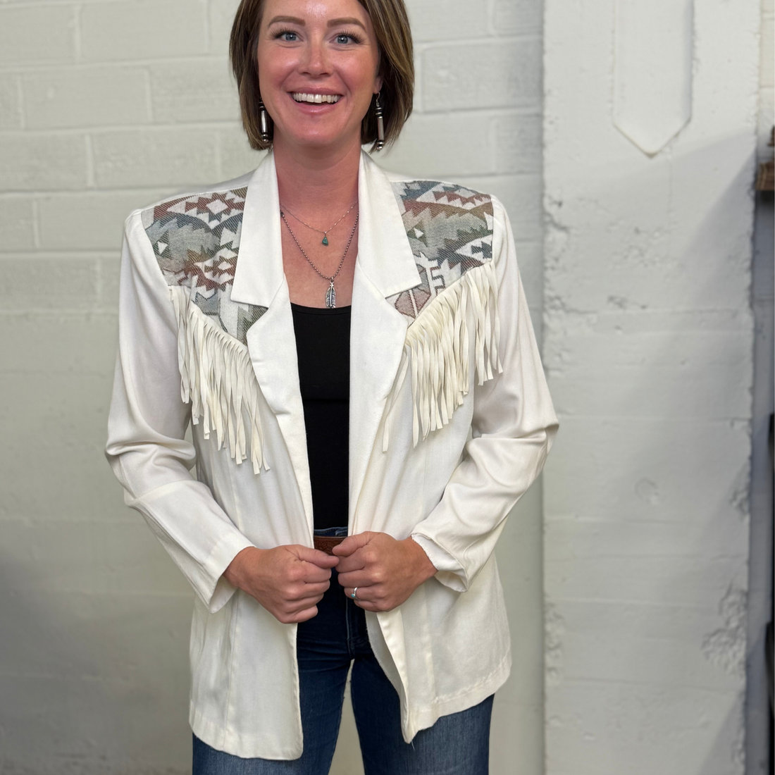 Vintage City Chic White Western Blazer with Fringe & Tribal Yoke- Made in USA- Large