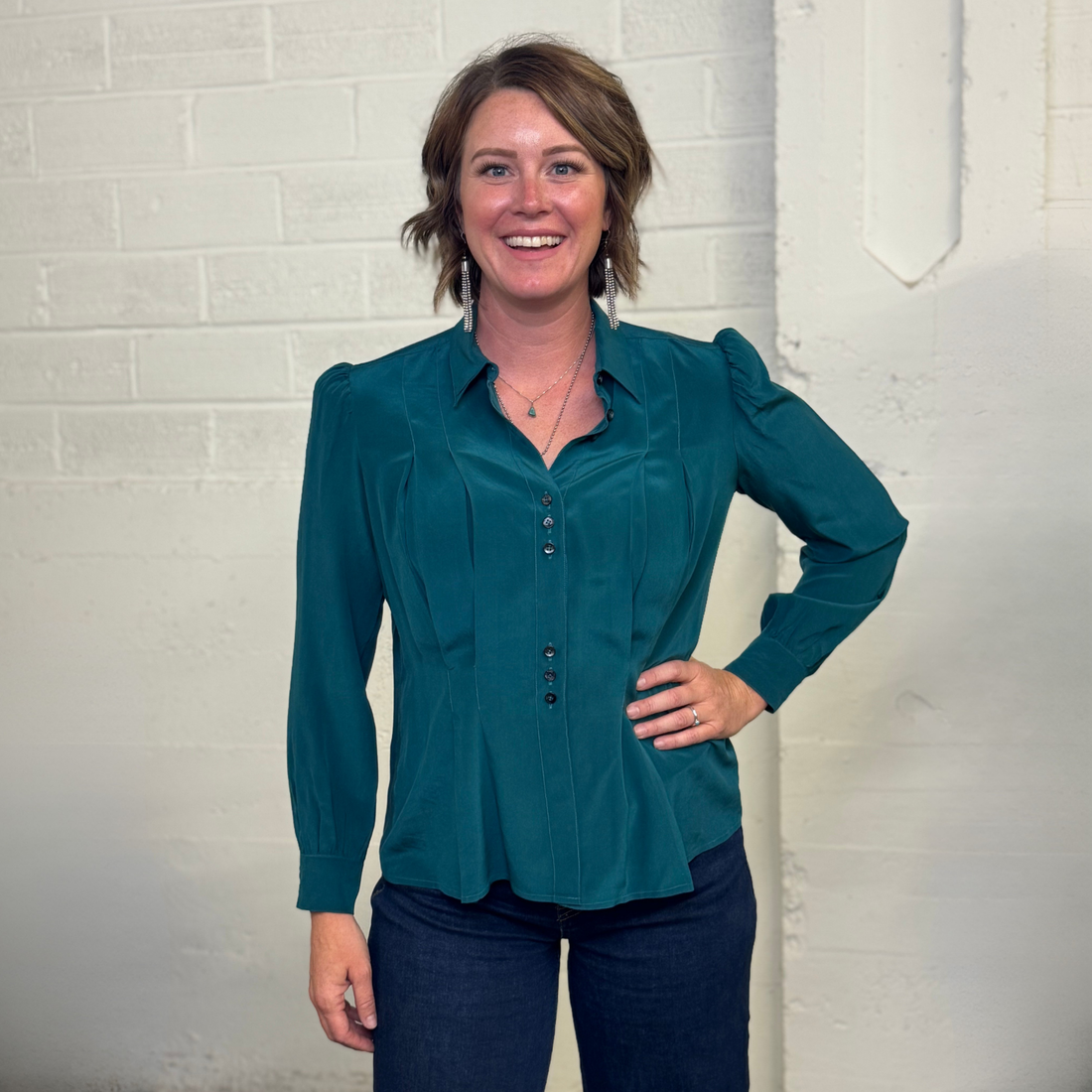 Vintage 1980s Norman Todd Teal 100% Silk Blouse