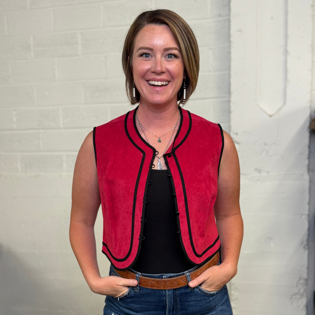 Vintage Red Faux Suede Vest with Black Trim