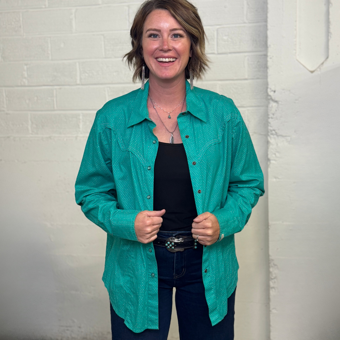 Vintage 1980s Rockies Teal Western Shirt – Pink Polka Dot