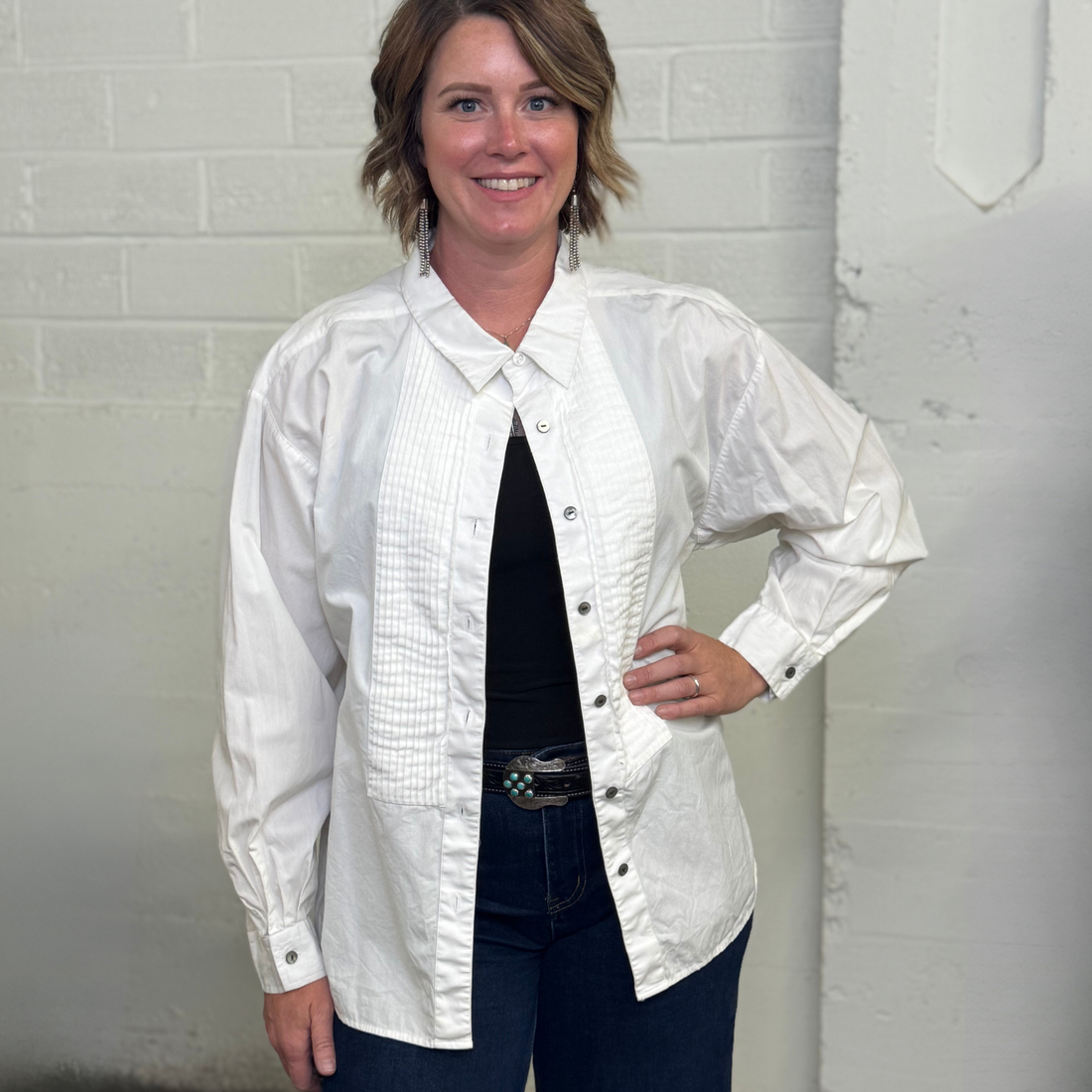 Vintage 1980s Roper White Tuxedo Western Shirt - Pearl Snaps, Pleated Bib Front (XL)
