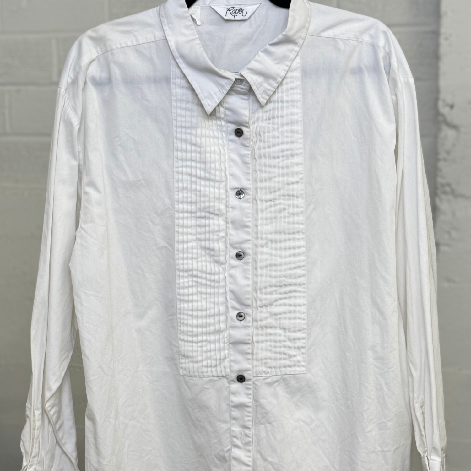 Vintage 1980s Roper White Tuxedo Western Shirt - Pearl Snaps, Pleated Bib Front (XL)