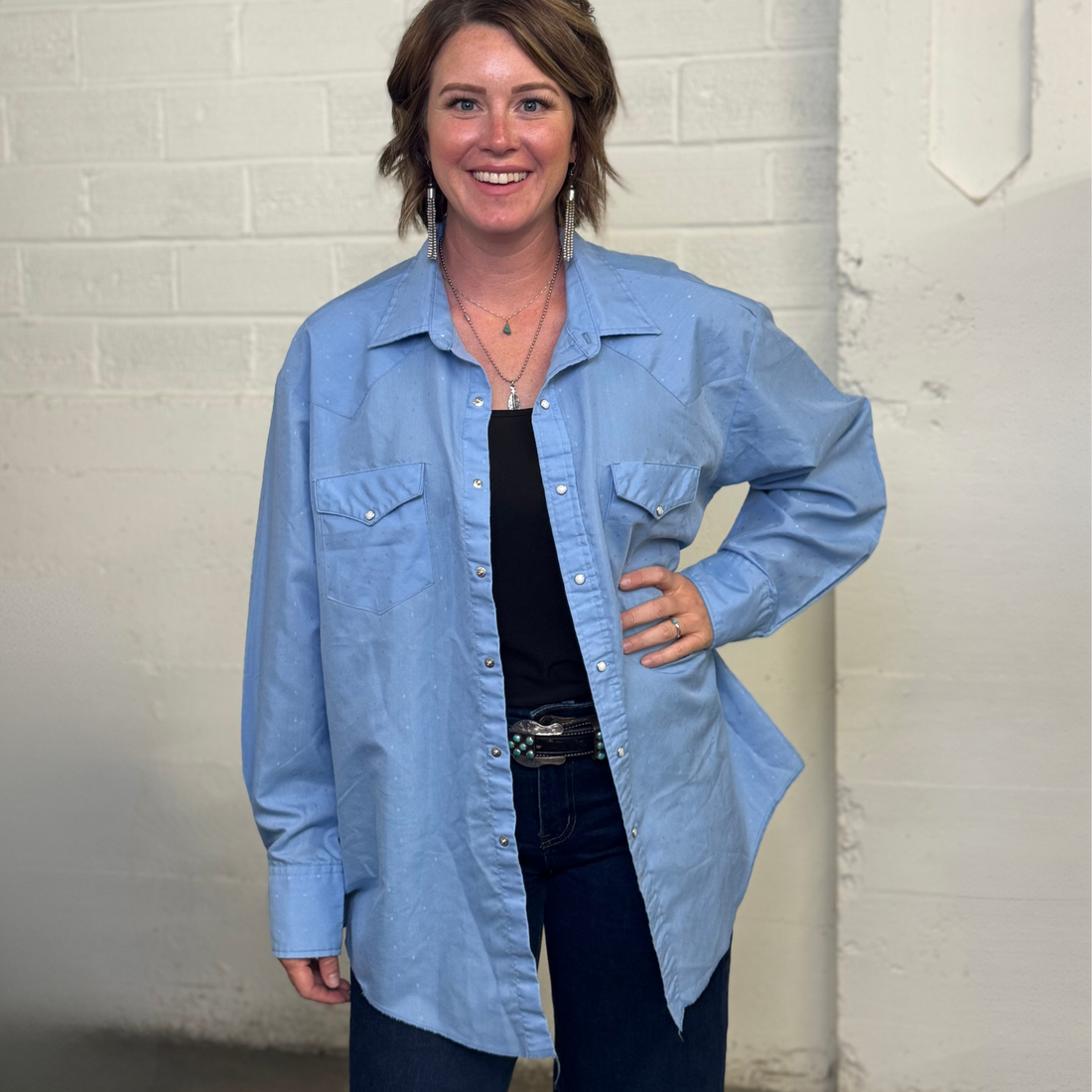 Vintage 1980s Saddlebrook Light Blue Western Pearl Snap Shirt - Made in USA - XL
