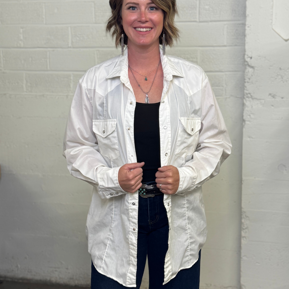 Vintage 1980s Western White Pearl Snap Shirt