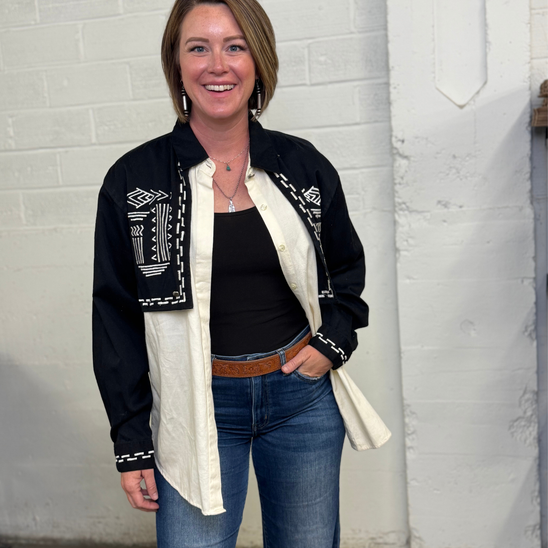 Vintage 80s Wrangler Western Wear Black & Cream Shirt