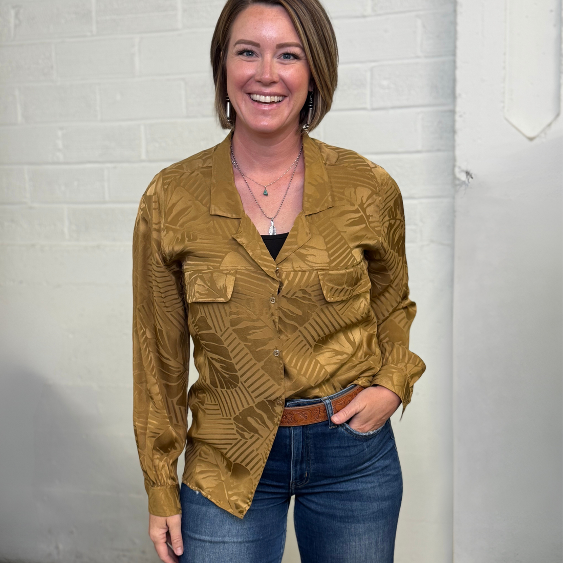 Vintage ADRI Golden Leaf Print Satin Blouse