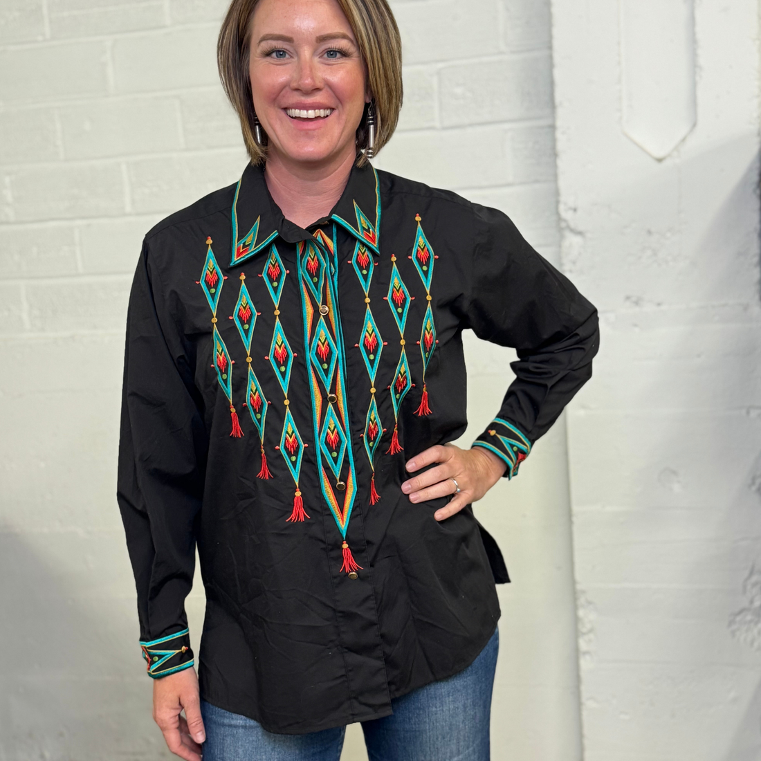 Vintage Bob Mackie Wearable Art Black Western Shirt with Bold Diamond Embroidery – Size M