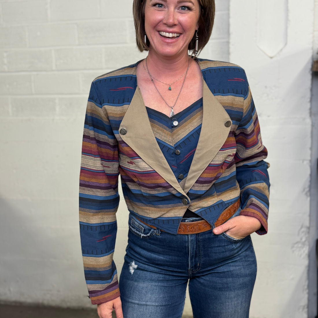 Vintage Circle T Striped Cropped Western Blazer