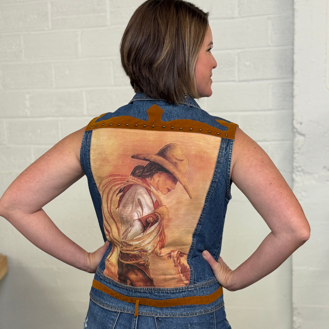 Vintage Doreman Burns Cowgirls Denim Vest with Suede Yoke Detail