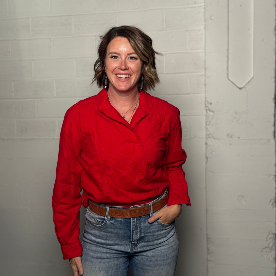 Vintage 1990s Eddie Bauer Red Popover Button Down Blouse – 100% Cotton