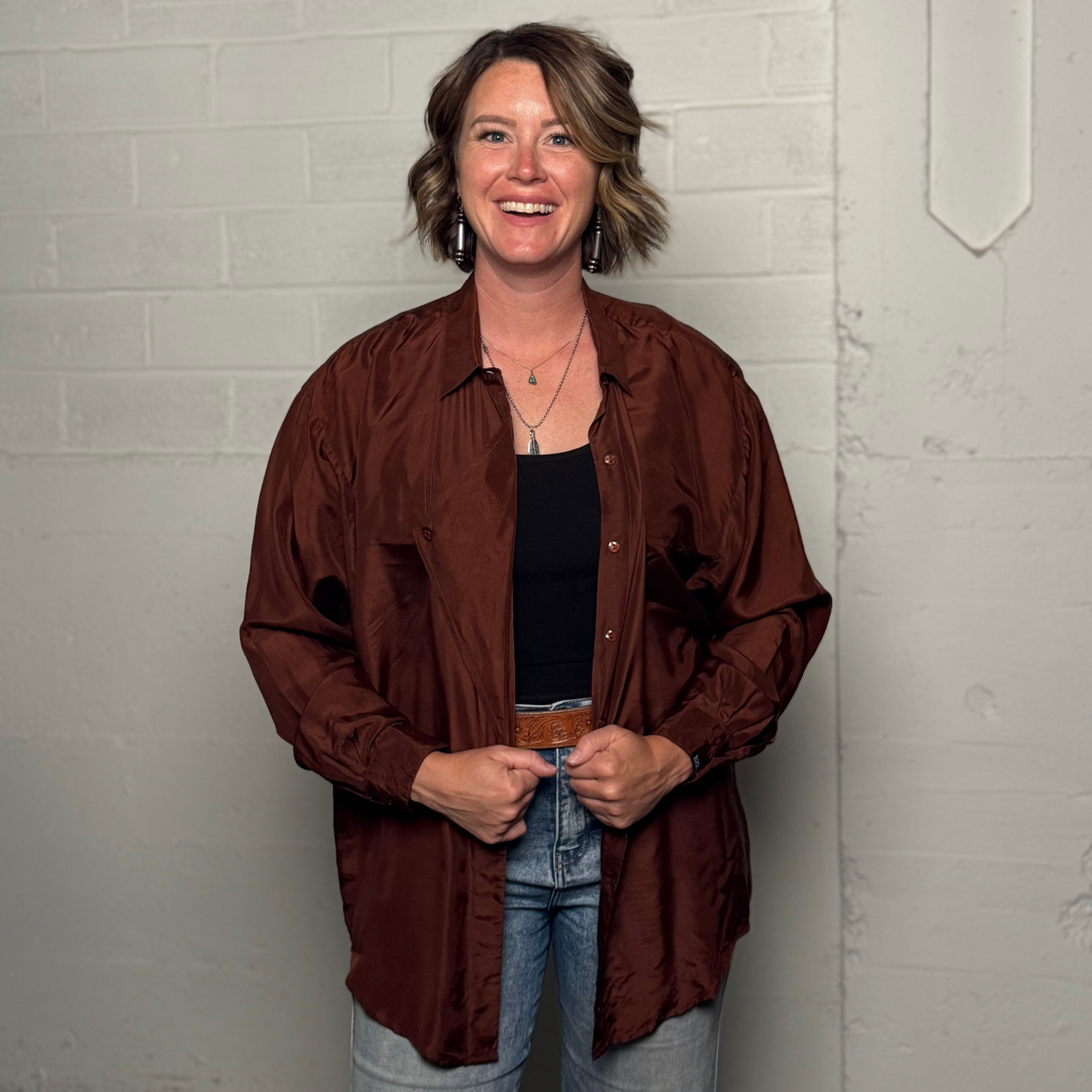 Vintage 1990s Rockies Rust Brown 100% Silk Western Shirt - Size L