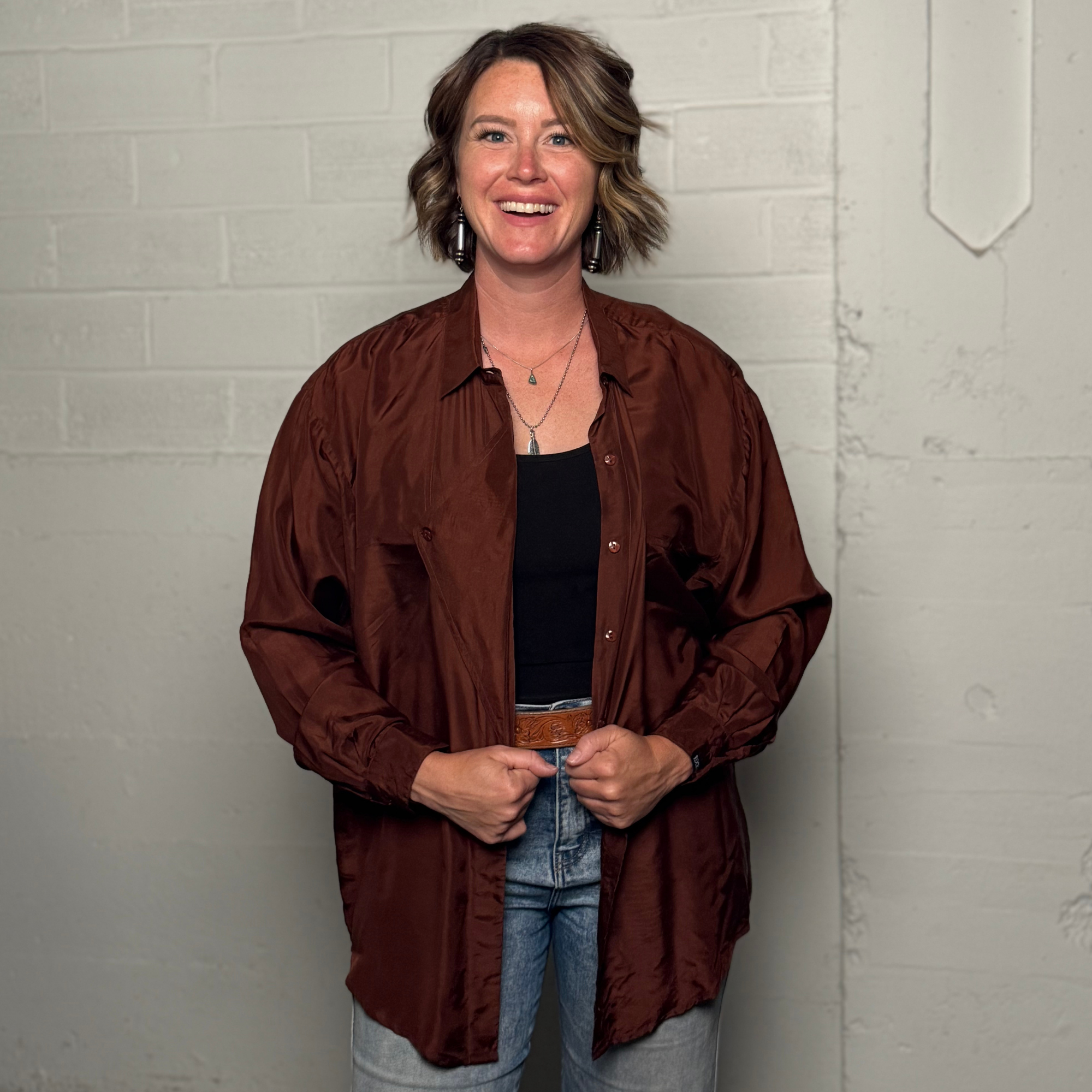 Vintage 1990s Rockies Rust Brown 100% Silk Western Shirt - Size L