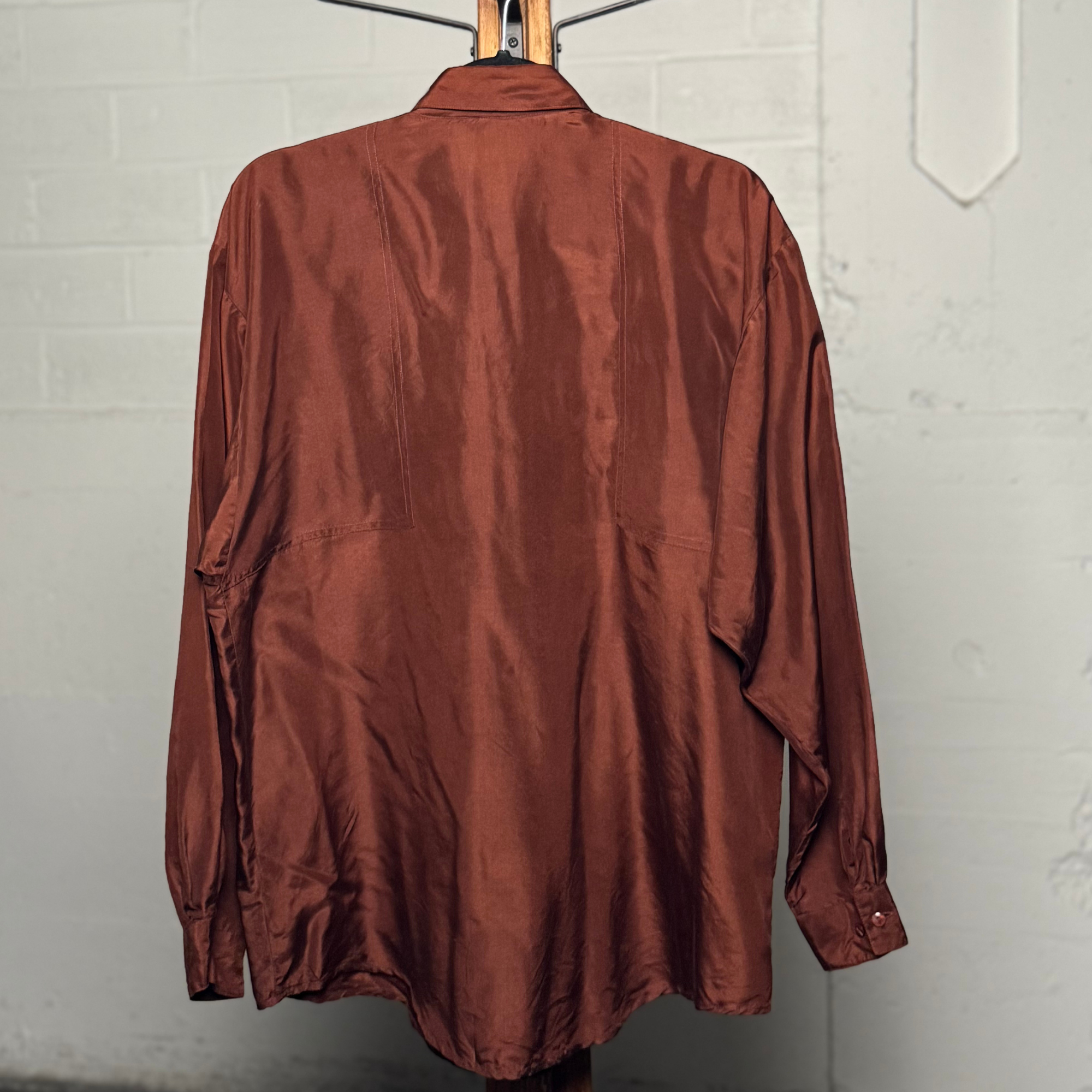 Vintage 1990s Rockies Rust Brown 100% Silk Western Shirt - Size L
