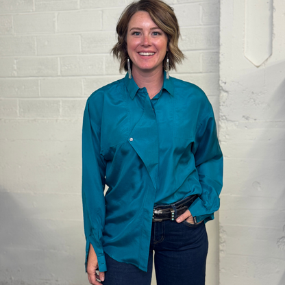Vintage 1990s Rockies Turquoise 100% Silk Button Down Shirt