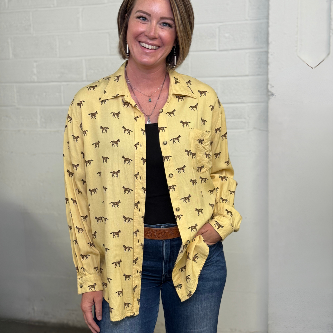 Vintage Studio West Pale Yellow Horse Print Button Down Shirt