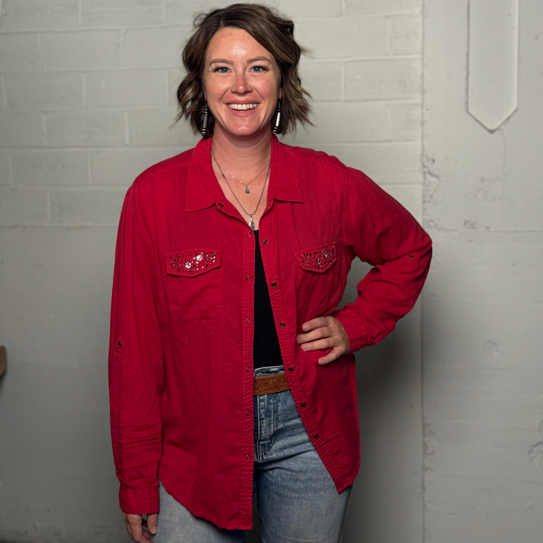 Vintage 2000s Overdrive Red Western Shirt with Studded Pockets