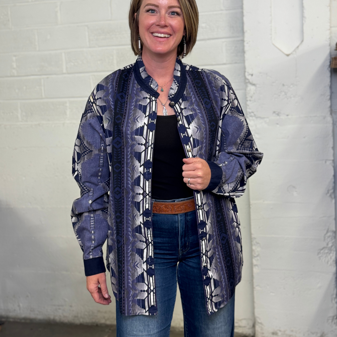 Vintage 90s Circle T Western Shirt – Bold Purple Aztec Pattern with Band Collar, Made In USA,